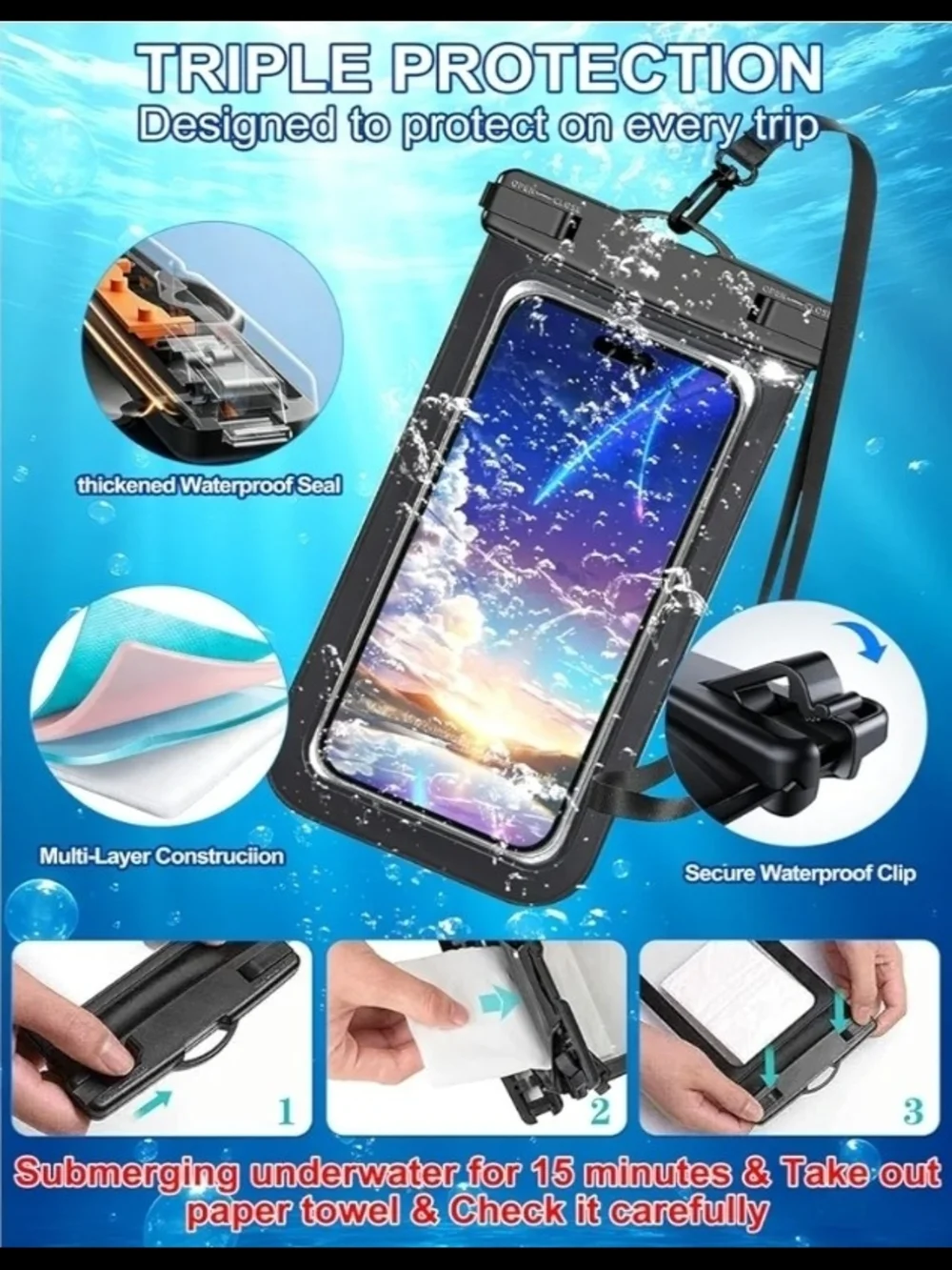 Universal Waterproof Black Phone Pouch with Lanyard BNIB